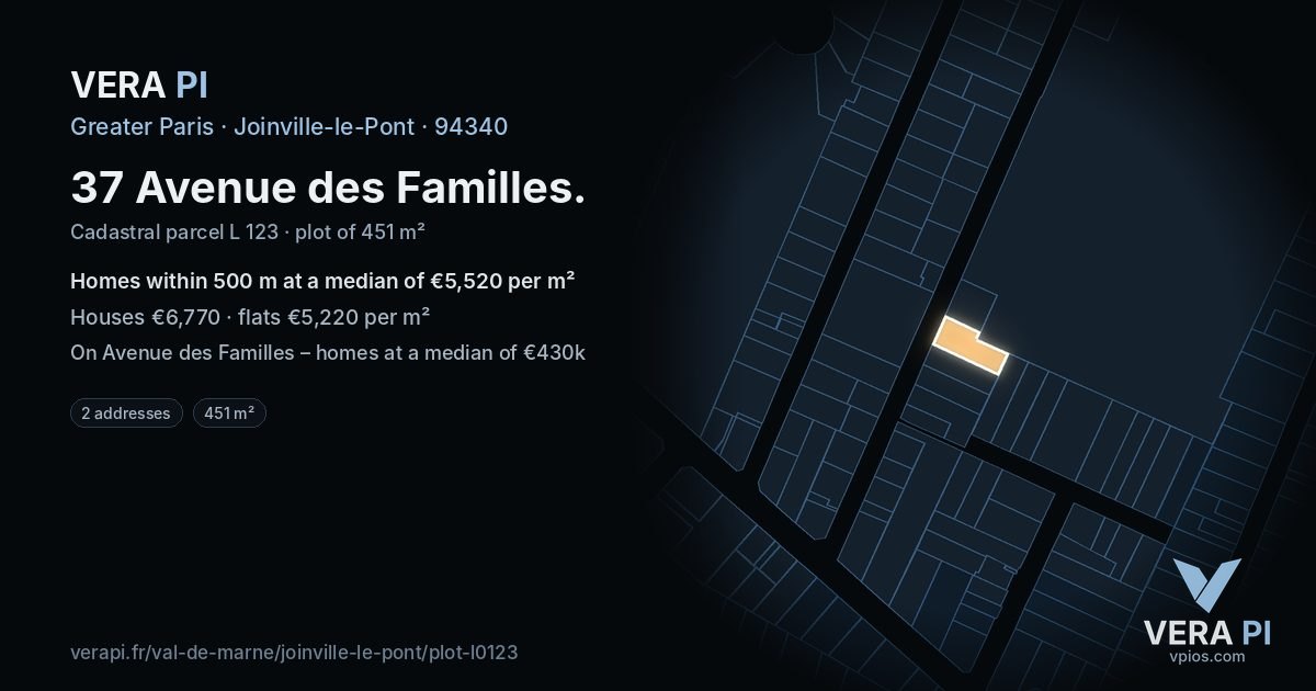 37 Avenue des Familles, Joinville-le-Pont at night – the plot lit, the parcels around coloured by the prices near them
