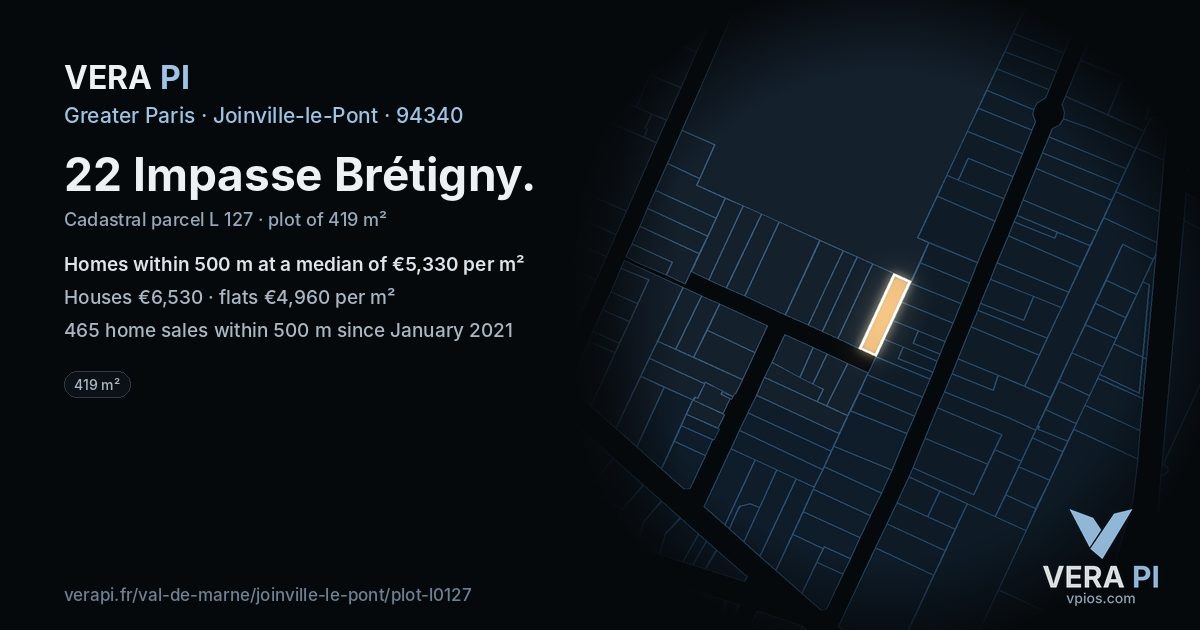 22 Impasse Brétigny, Joinville-le-Pont at night – the plot lit, the parcels around coloured by the prices near them