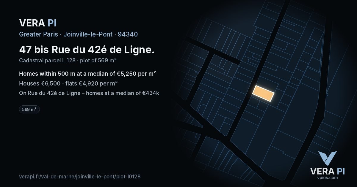 47 bis Rue du 42é de Ligne, Joinville-le-Pont at night – the plot lit, the parcels around coloured by the prices near them