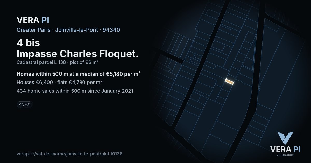 4 bis Impasse Charles Floquet, Joinville-le-Pont at night – the plot lit, the parcels around coloured by the prices near them