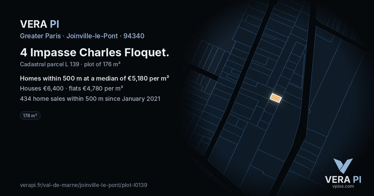 4 Impasse Charles Floquet, Joinville-le-Pont at night – the plot lit, the parcels around coloured by the prices near them