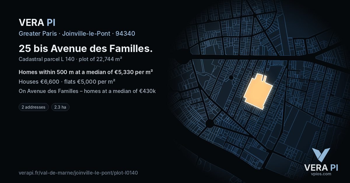 25 bis Avenue des Familles, Joinville-le-Pont at night – the plot lit, the parcels around coloured by the prices near them