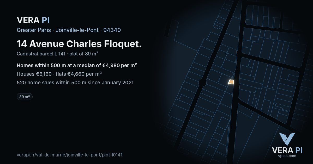 14 Avenue Charles Floquet, Joinville-le-Pont at night – the plot lit, the parcels around coloured by the prices near them