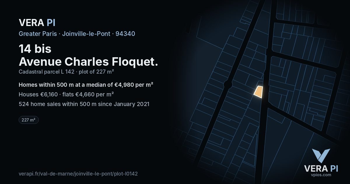 14 bis Avenue Charles Floquet, Joinville-le-Pont at night – the plot lit, the parcels around coloured by the prices near them