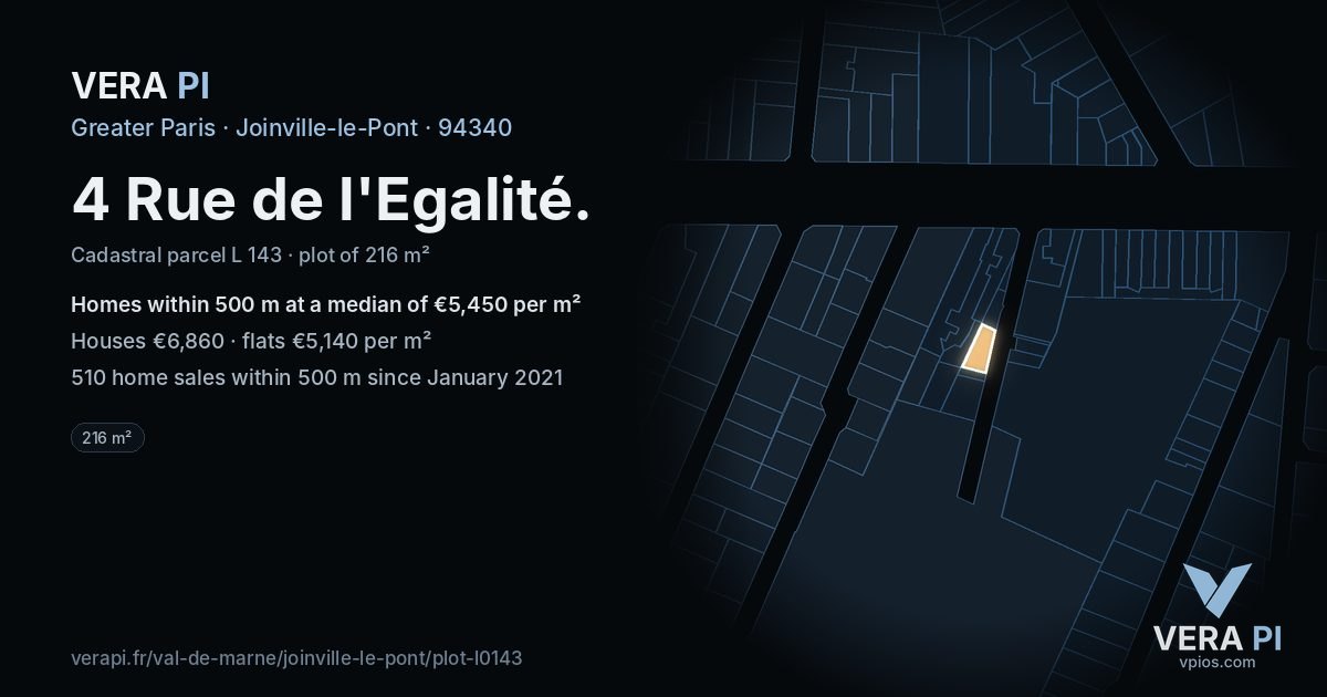 4 Rue de l'Egalité, Joinville-le-Pont at night – the plot lit, the parcels around coloured by the prices near them