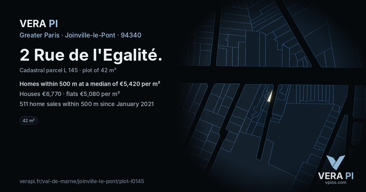 2 Rue de l'Egalité, Joinville-le-Pont at night – the plot lit, the parcels around coloured by the prices near them