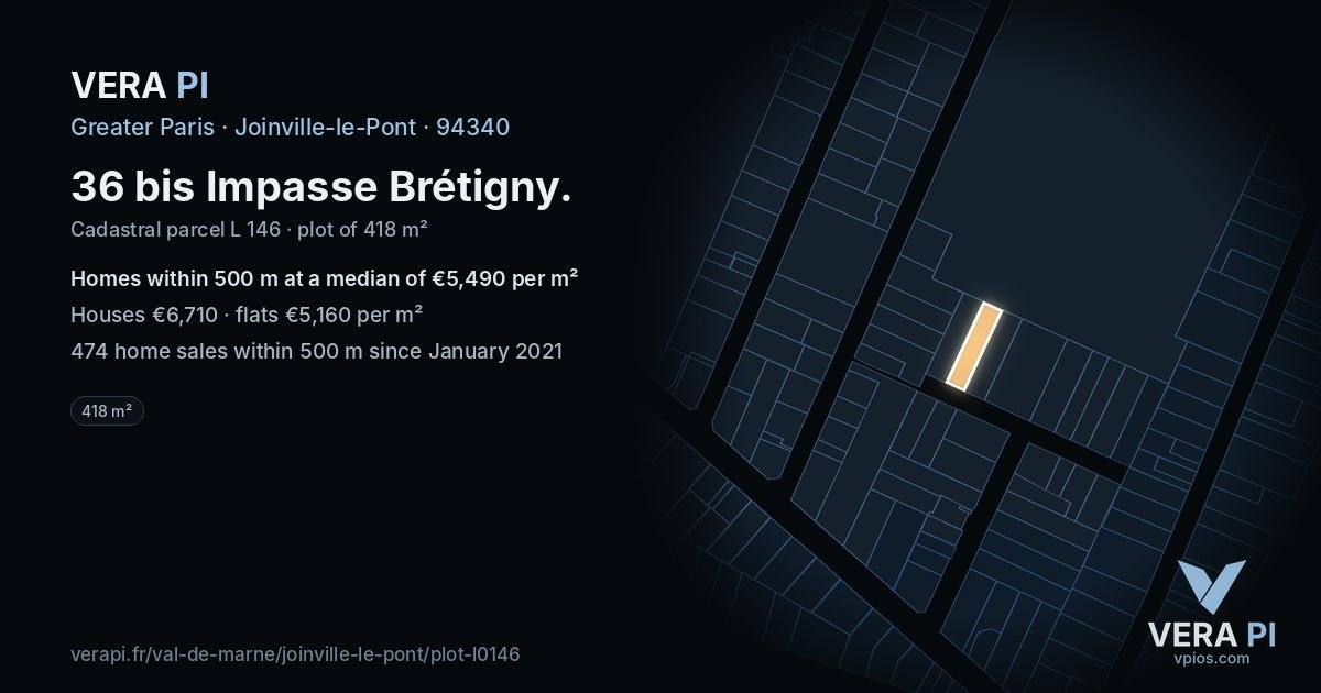 36 bis Impasse Brétigny, Joinville-le-Pont at night – the plot lit, the parcels around coloured by the prices near them
