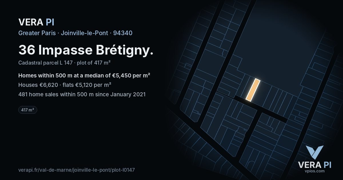 36 Impasse Brétigny, Joinville-le-Pont at night – the plot lit, the parcels around coloured by the prices near them