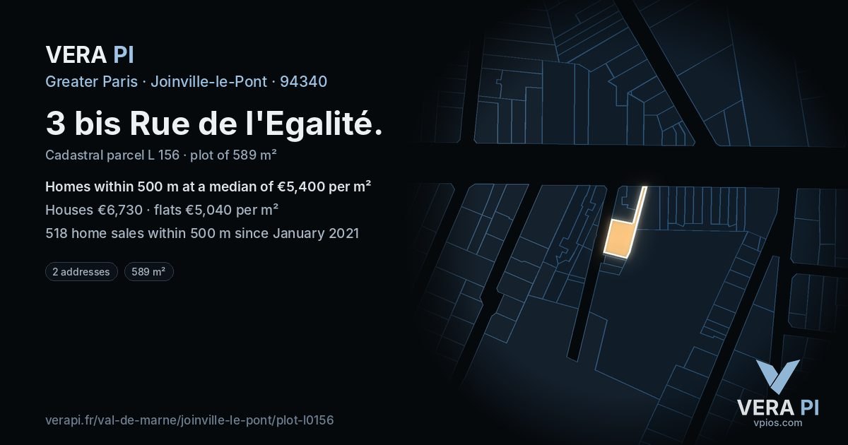 3 bis Rue de l'Egalité, Joinville-le-Pont at night – the plot lit, the parcels around coloured by the prices near them