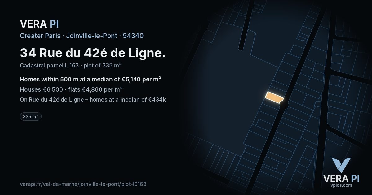 34 Rue du 42é de Ligne, Joinville-le-Pont at night – the plot lit, the parcels around coloured by the prices near them