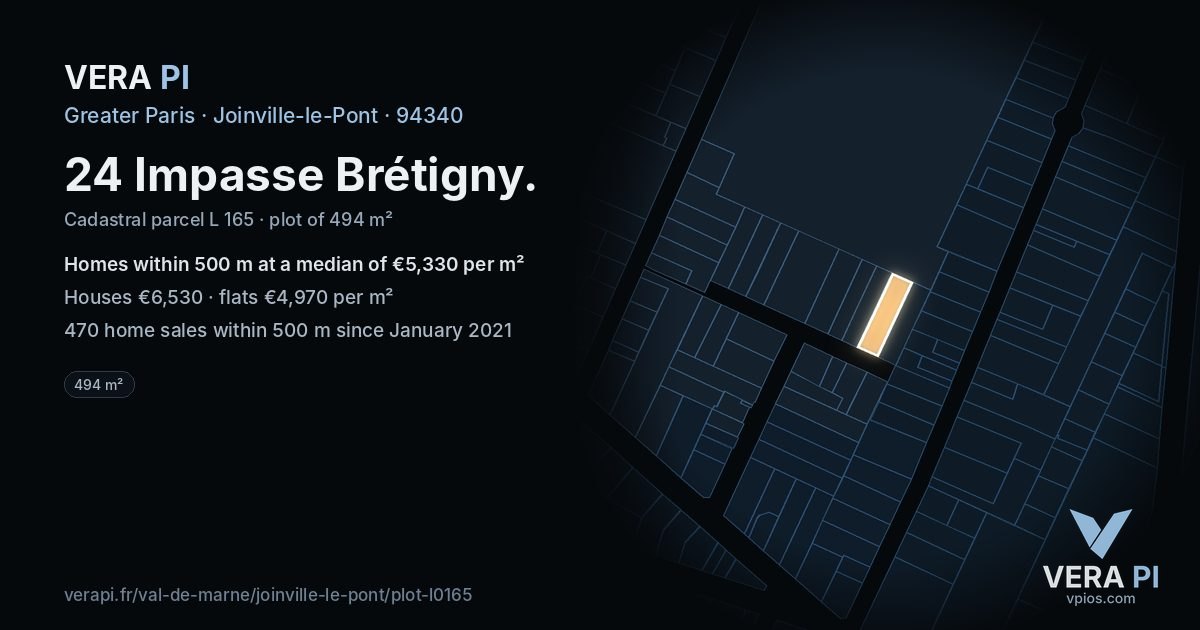 24 Impasse Brétigny, Joinville-le-Pont at night – the plot lit, the parcels around coloured by the prices near them
