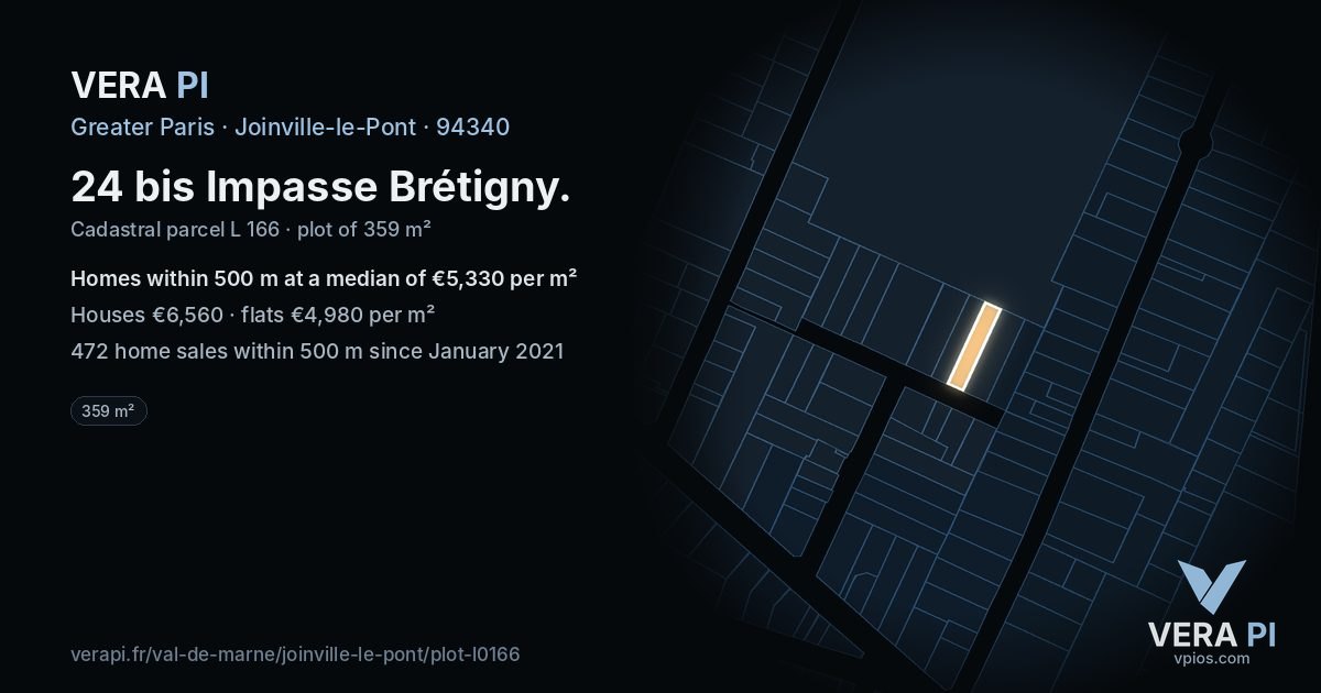 24 bis Impasse Brétigny, Joinville-le-Pont at night – the plot lit, the parcels around coloured by the prices near them