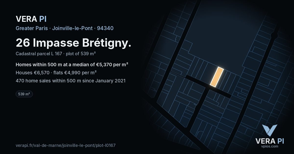 26 Impasse Brétigny, Joinville-le-Pont at night – the plot lit, the parcels around coloured by the prices near them