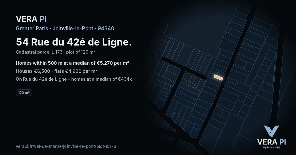 54 Rue du 42é de Ligne, Joinville-le-Pont at night – the plot lit, the parcels around coloured by the prices near them