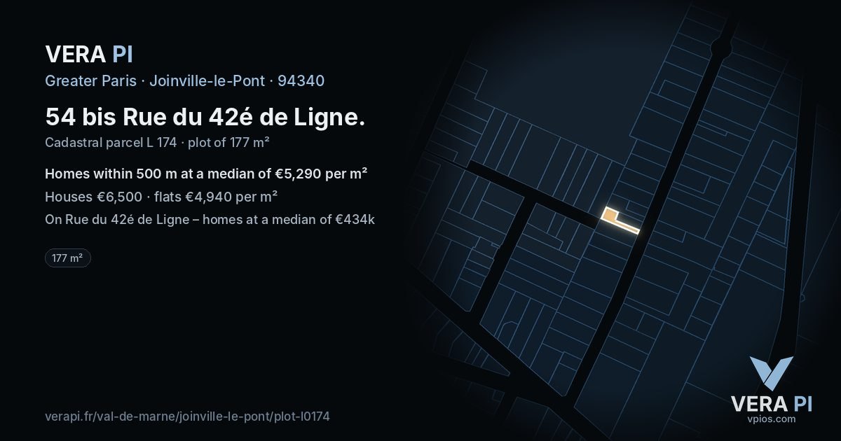 54 bis Rue du 42é de Ligne, Joinville-le-Pont at night – the plot lit, the parcels around coloured by the prices near them