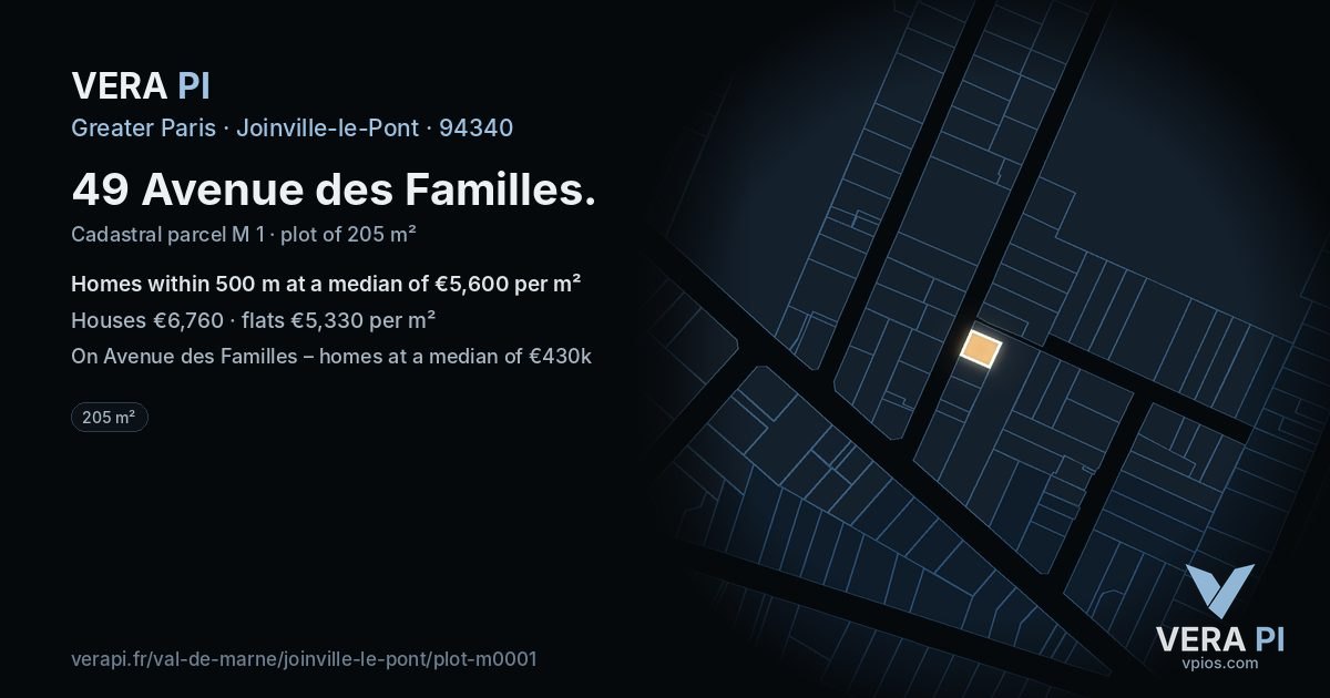 49 Avenue des Familles, Joinville-le-Pont at night – the plot lit, the parcels around coloured by the prices near them