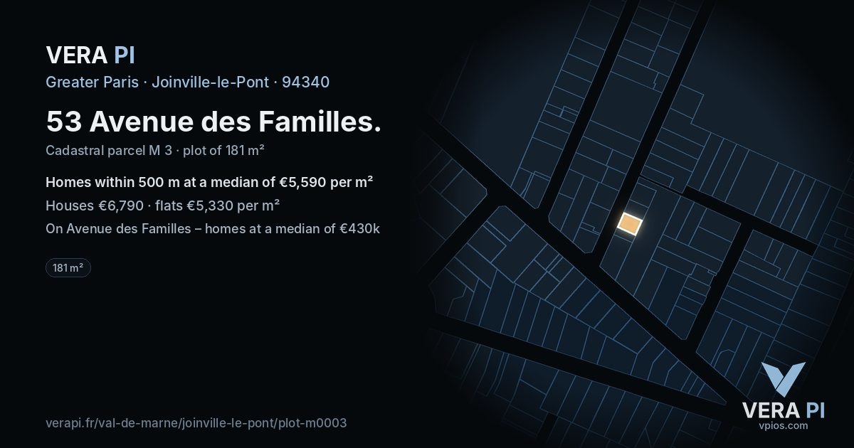 53 Avenue des Familles, Joinville-le-Pont at night – the plot lit, the parcels around coloured by the prices near them