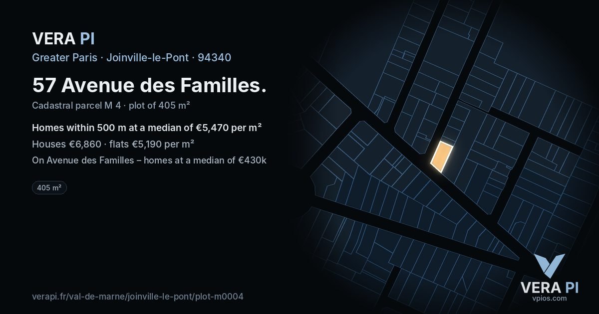 57 Avenue des Familles, Joinville-le-Pont at night – the plot lit, the parcels around coloured by the prices near them