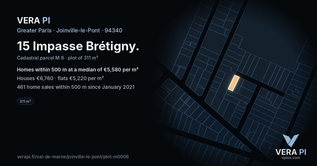 15 Impasse Brétigny, Joinville-le-Pont at night – the plot lit, the parcels around coloured by the prices near them