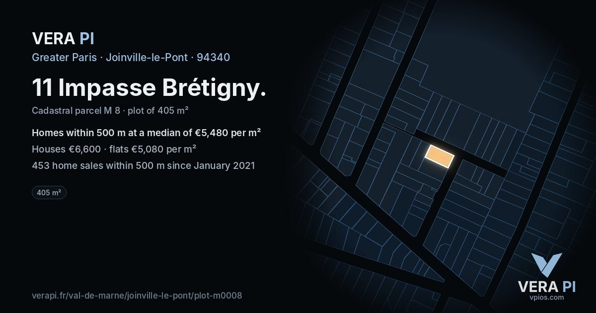 11 Impasse Brétigny, Joinville-le-Pont at night – the plot lit, the parcels around coloured by the prices near them