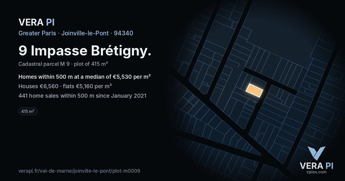 9 Impasse Brétigny, Joinville-le-Pont at night – the plot lit, the parcels around coloured by the prices near them