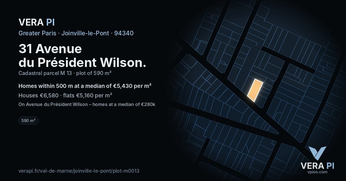 31 Avenue du Président Wilson, Joinville-le-Pont at night – the plot lit, the parcels around coloured by the prices near them