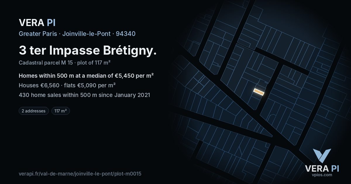 3 ter Impasse Brétigny, Joinville-le-Pont at night – the plot lit, the parcels around coloured by the prices near them