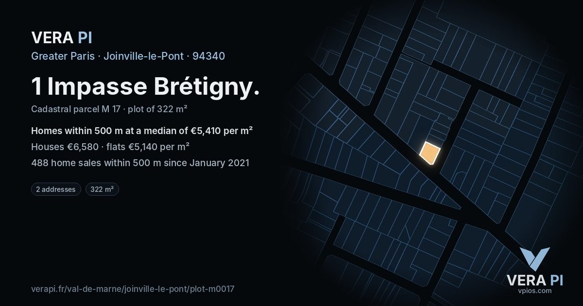 1 Impasse Brétigny, Joinville-le-Pont at night – the plot lit, the parcels around coloured by the prices near them