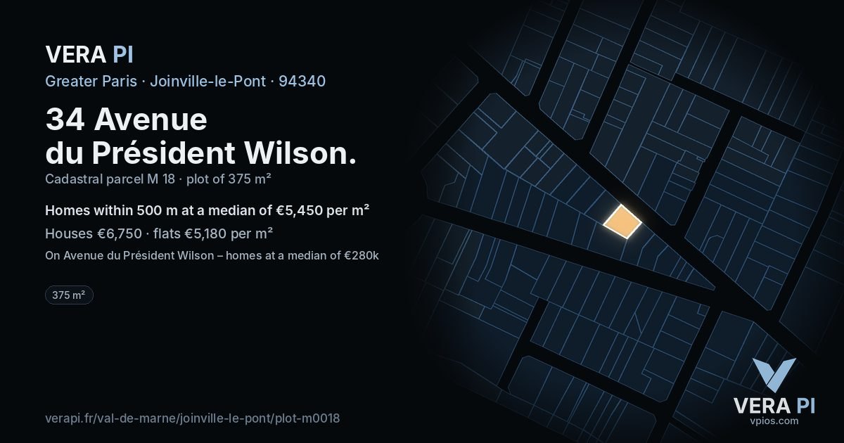 34 Avenue du Président Wilson, Joinville-le-Pont at night – the plot lit, the parcels around coloured by the prices near them