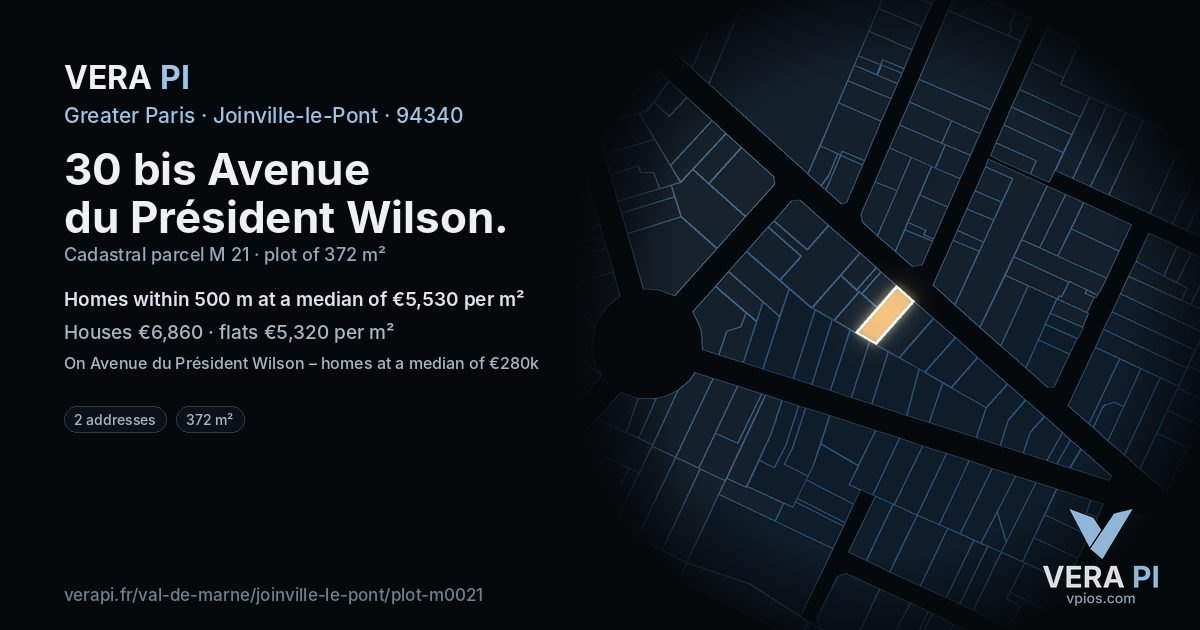 30 bis Avenue du Président Wilson, Joinville-le-Pont at night – the plot lit, the parcels around coloured by the prices near them