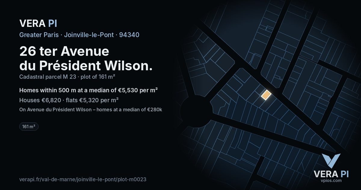 26 ter Avenue du Président Wilson, Joinville-le-Pont at night – the plot lit, the parcels around coloured by the prices near them