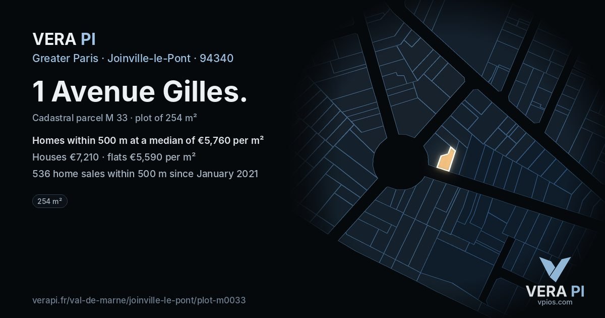 1 Avenue Gilles, Joinville-le-Pont at night – the plot lit, the parcels around coloured by the prices near them