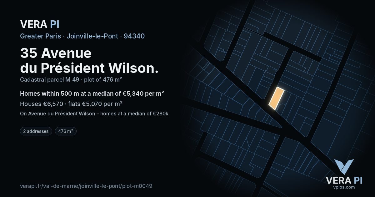 35 Avenue du Président Wilson, Joinville-le-Pont at night – the plot lit, the parcels around coloured by the prices near them
