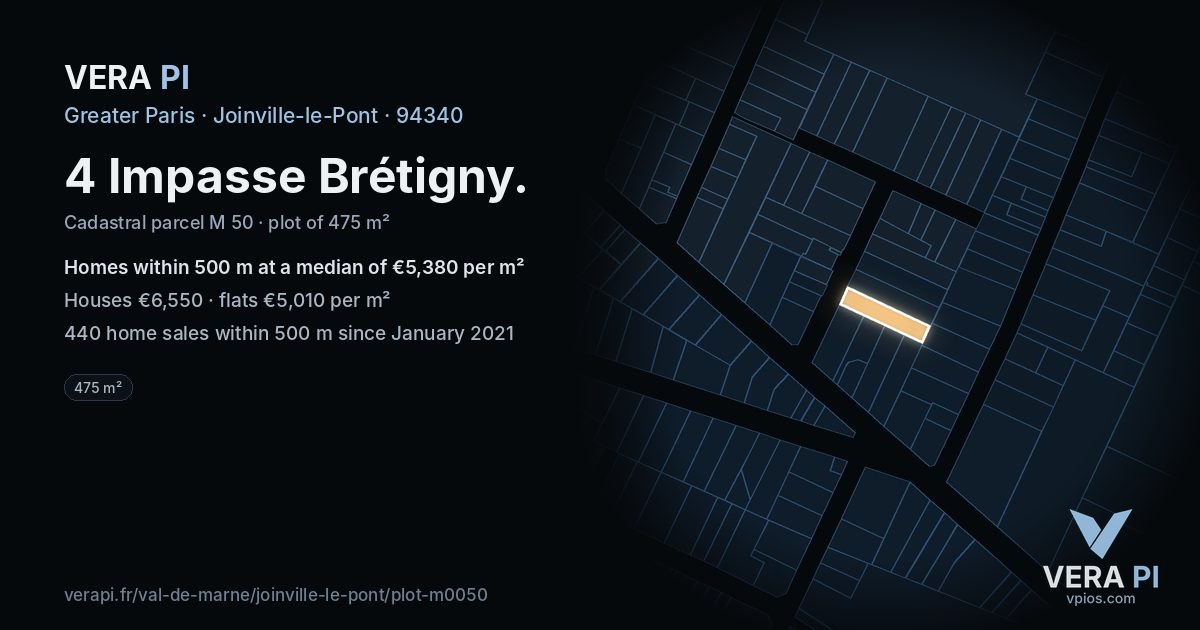 4 Impasse Brétigny, Joinville-le-Pont at night – the plot lit, the parcels around coloured by the prices near them