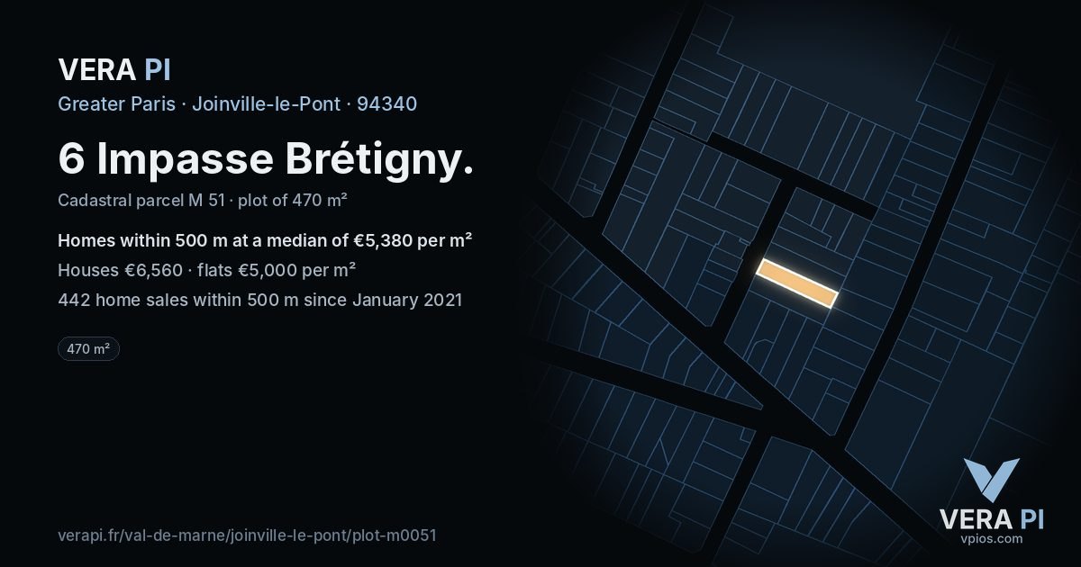 6 Impasse Brétigny, Joinville-le-Pont at night – the plot lit, the parcels around coloured by the prices near them