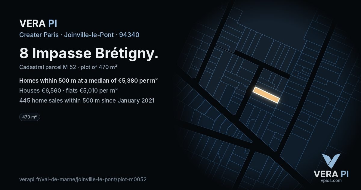 8 Impasse Brétigny, Joinville-le-Pont at night – the plot lit, the parcels around coloured by the prices near them