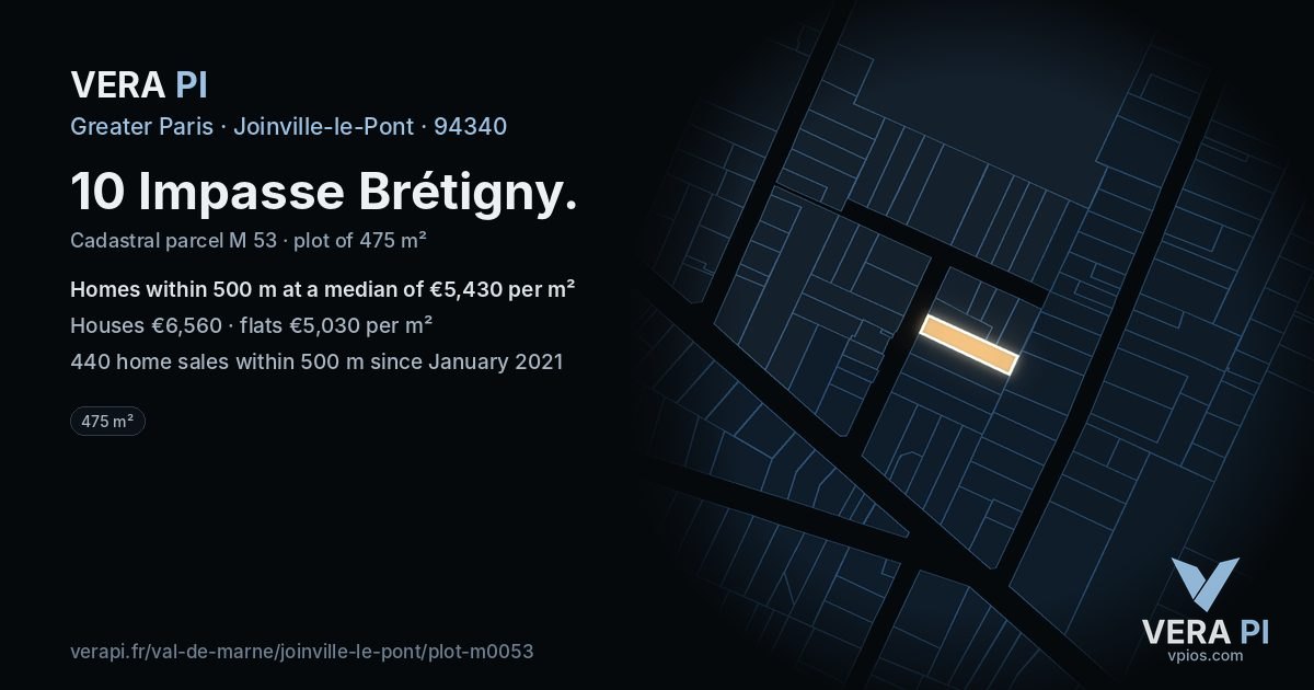 10 Impasse Brétigny, Joinville-le-Pont at night – the plot lit, the parcels around coloured by the prices near them