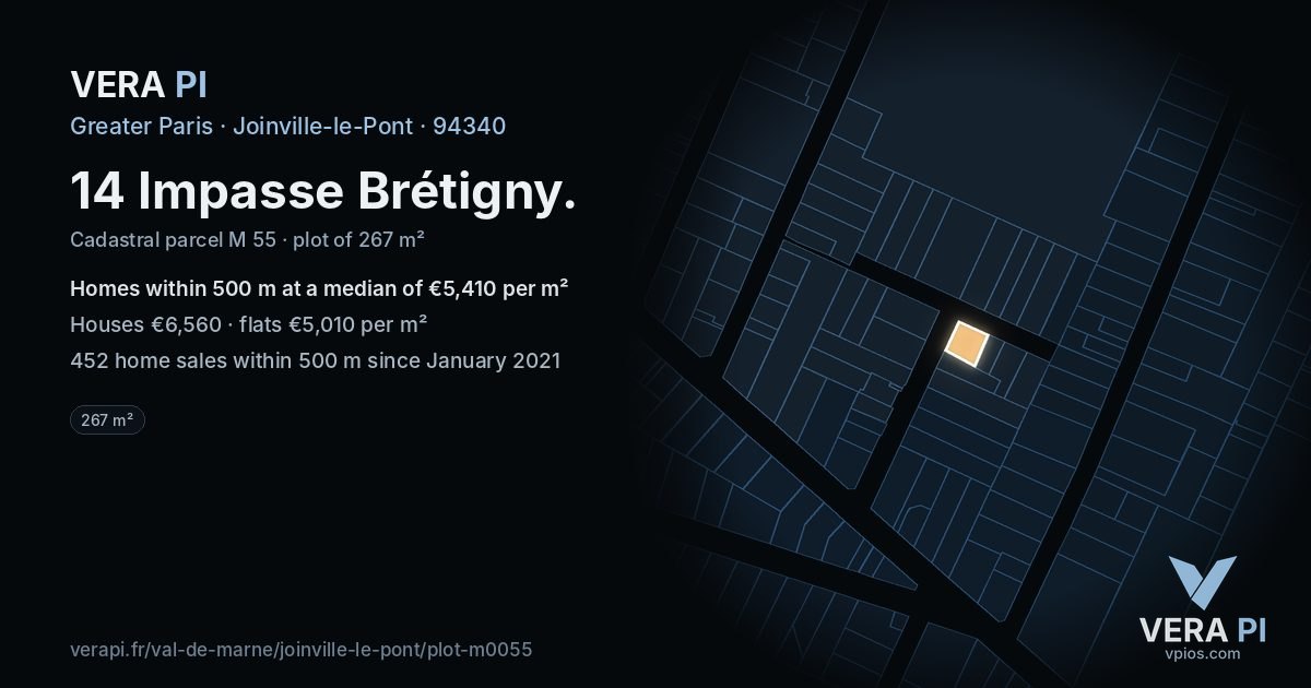 14 Impasse Brétigny, Joinville-le-Pont at night – the plot lit, the parcels around coloured by the prices near them