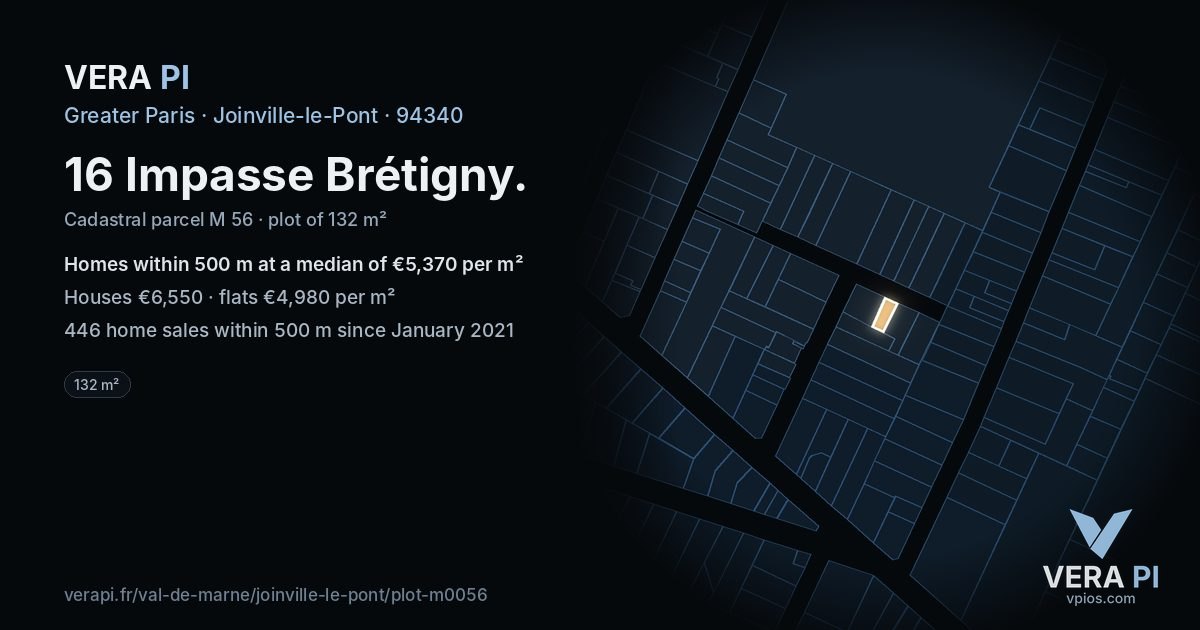 16 Impasse Brétigny, Joinville-le-Pont at night – the plot lit, the parcels around coloured by the prices near them