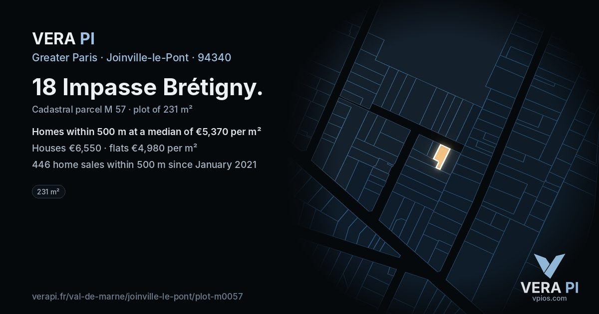 18 Impasse Brétigny, Joinville-le-Pont at night – the plot lit, the parcels around coloured by the prices near them