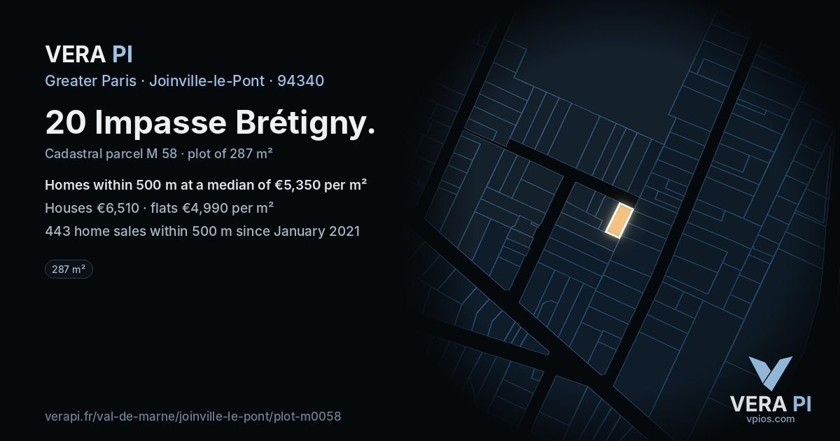 20 Impasse Brétigny, Joinville-le-Pont at night – the plot lit, the parcels around coloured by the prices near them
