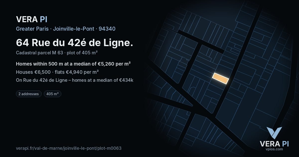 64 Rue du 42é de Ligne, Joinville-le-Pont at night – the plot lit, the parcels around coloured by the prices near them