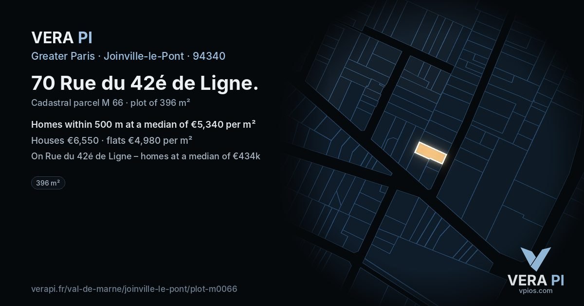 70 Rue du 42é de Ligne, Joinville-le-Pont at night – the plot lit, the parcels around coloured by the prices near them