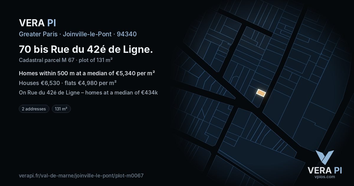 70 bis Rue du 42é de Ligne, Joinville-le-Pont at night – the plot lit, the parcels around coloured by the prices near them