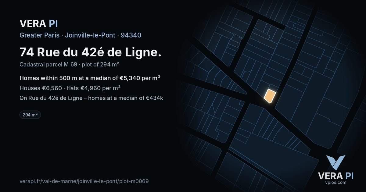 74 Rue du 42é de Ligne, Joinville-le-Pont at night – the plot lit, the parcels around coloured by the prices near them