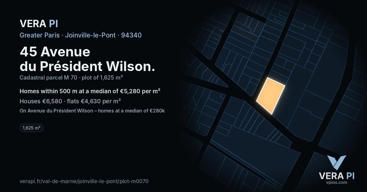 45 Avenue du Président Wilson, Joinville-le-Pont at night – the plot lit, the parcels around coloured by the prices near them