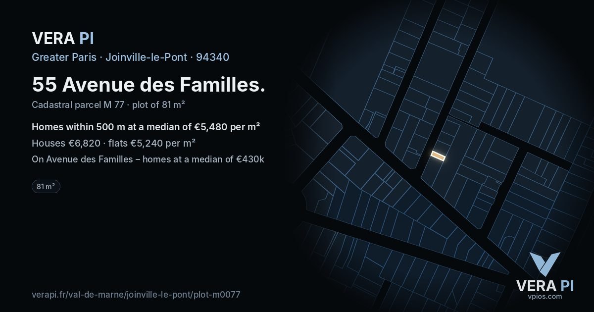 55 Avenue des Familles, Joinville-le-Pont at night – the plot lit, the parcels around coloured by the prices near them