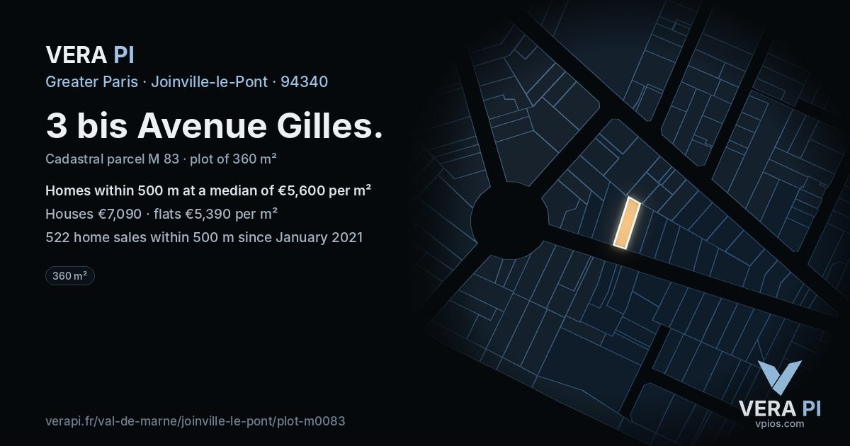 3 bis Avenue Gilles, Joinville-le-Pont at night – the plot lit, the parcels around coloured by the prices near them