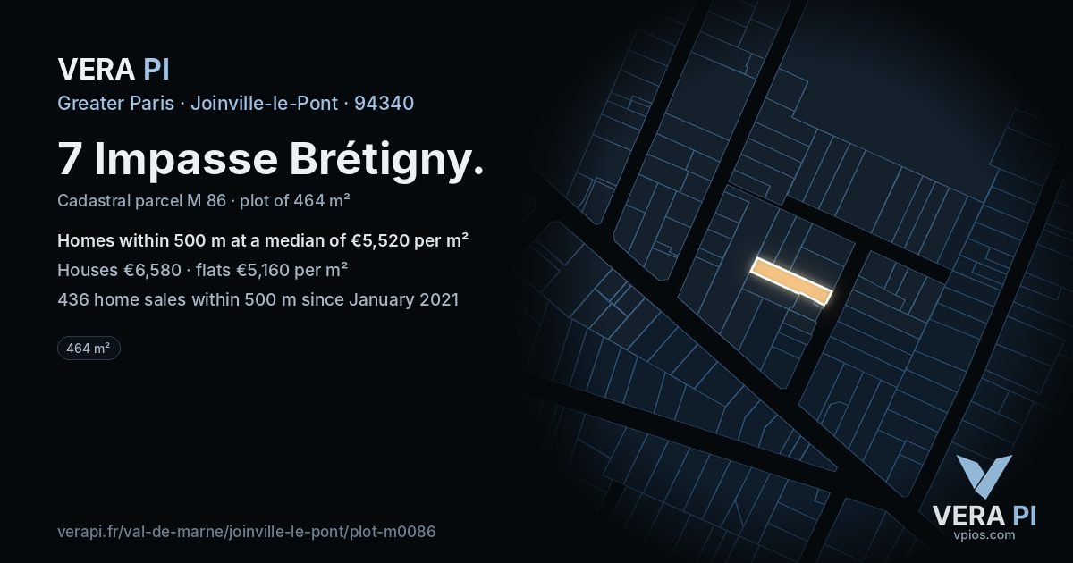 7 Impasse Brétigny, Joinville-le-Pont at night – the plot lit, the parcels around coloured by the prices near them