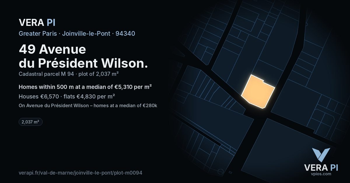 49 Avenue du Président Wilson, Joinville-le-Pont at night – the plot lit, the parcels around coloured by the prices near them
